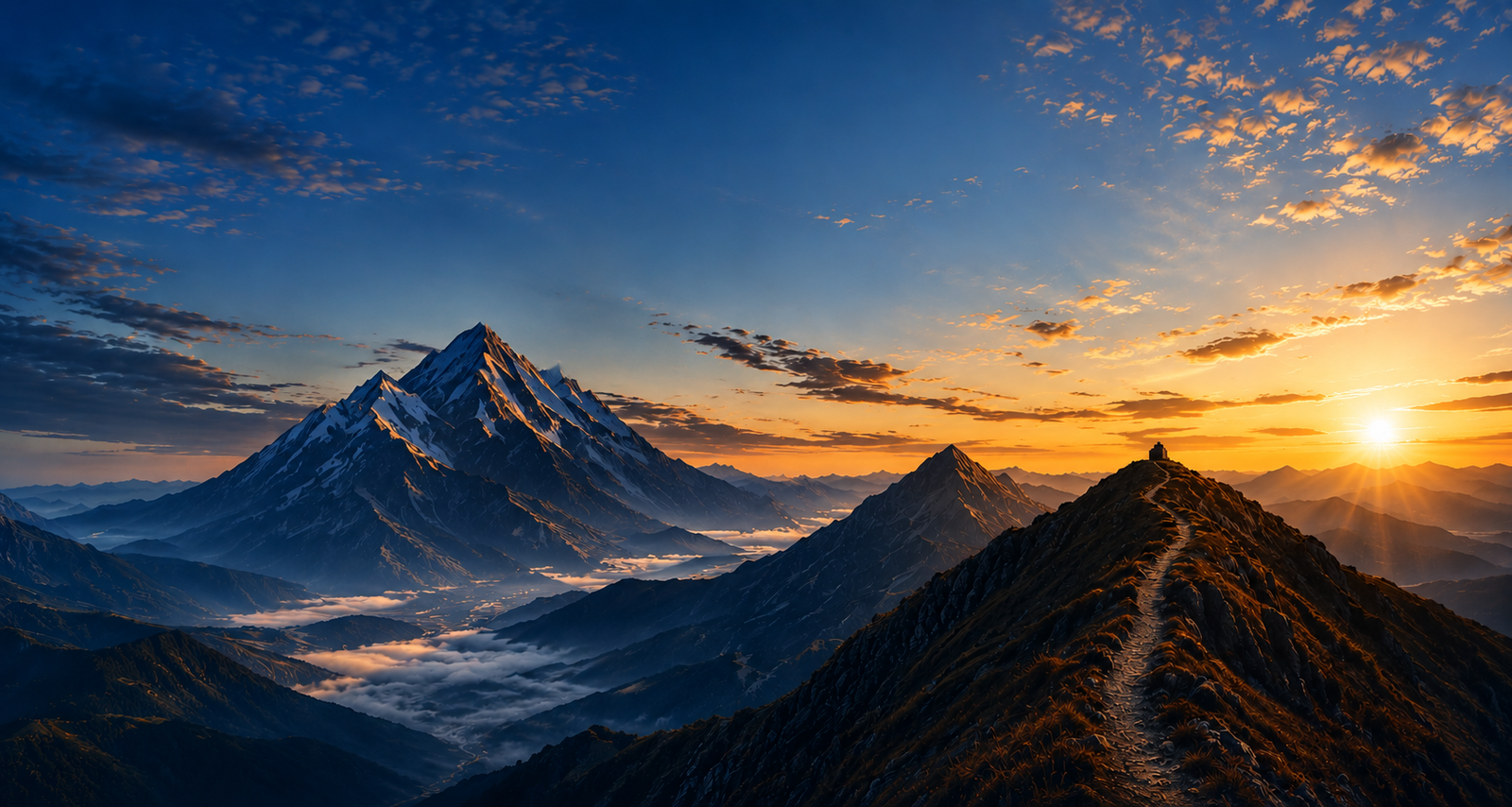 Silhouette on a mountain summit at sunrise